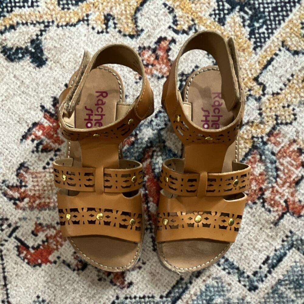 Rachel Shoes Brown Strappy Studded Girls Sandals Hook & Loop Open Toe Flat US 12